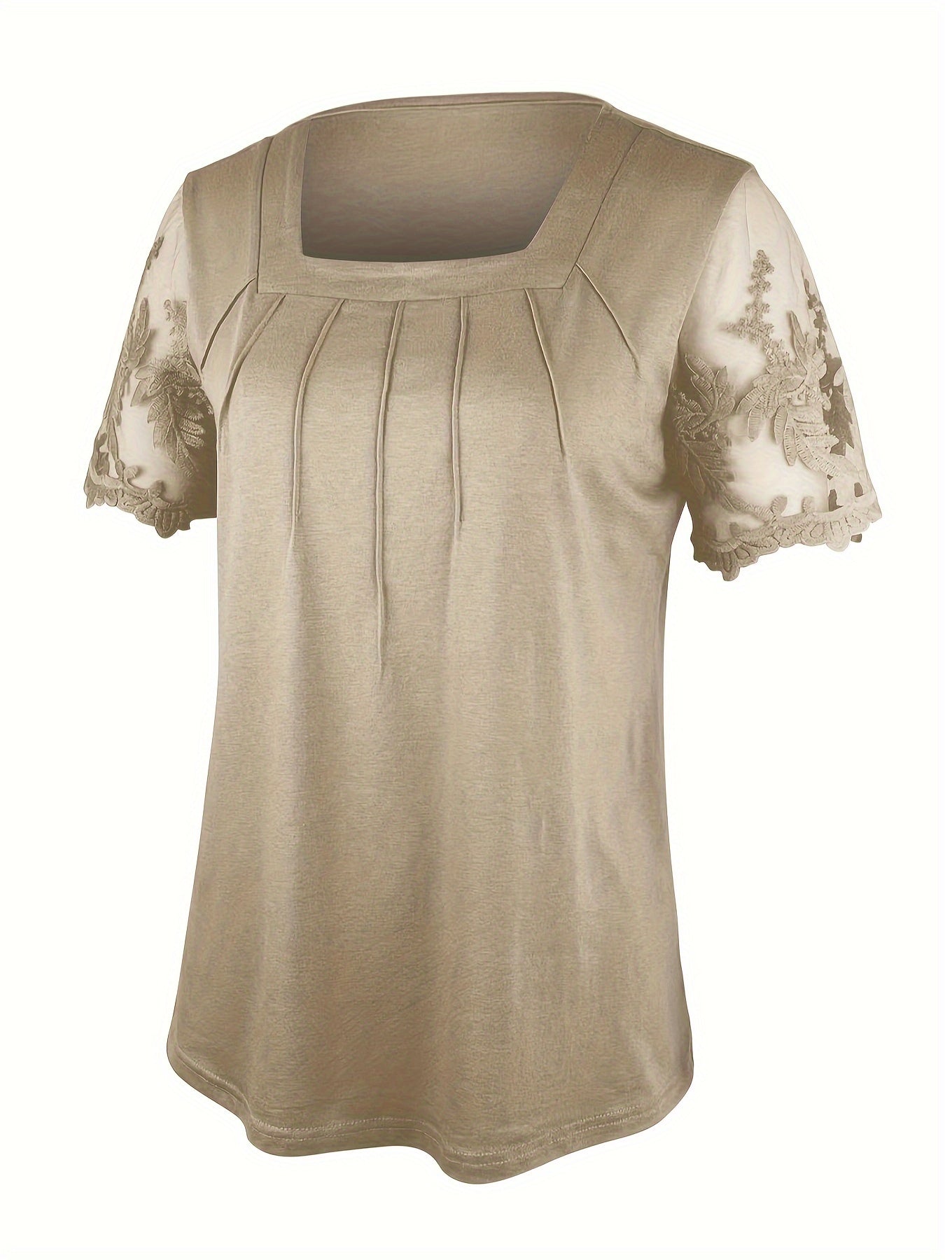 Contrasting Square Neck T-Shirt, Elegant Short Sleeve