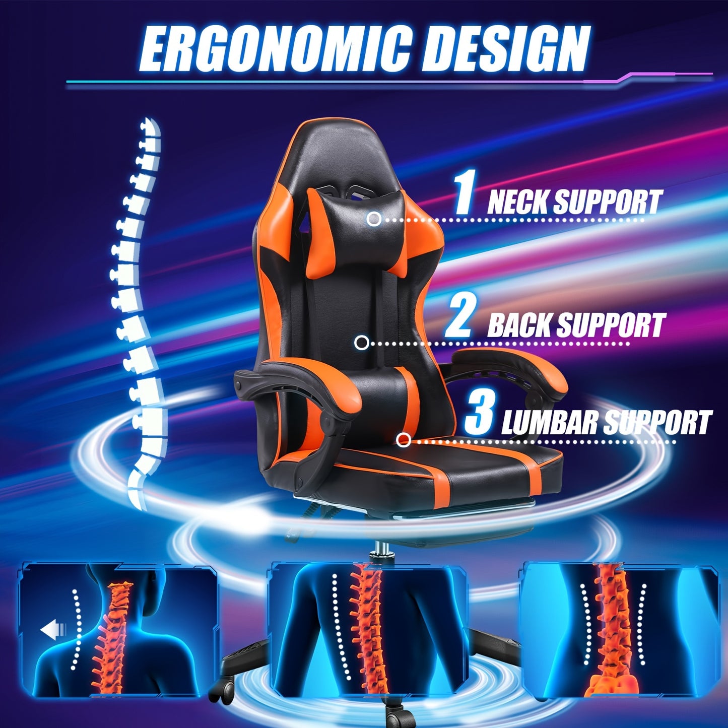 1 Piece Ergonomic Gaming Chair With Footrest