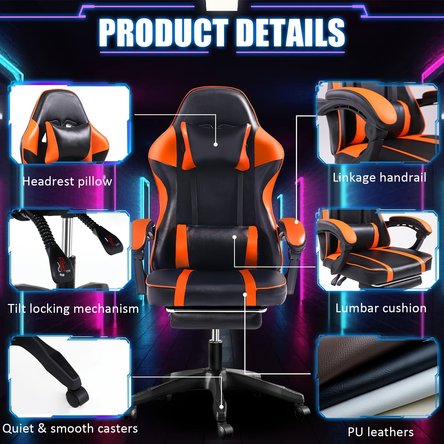 1 Piece Ergonomic Gaming Chair With Footrest