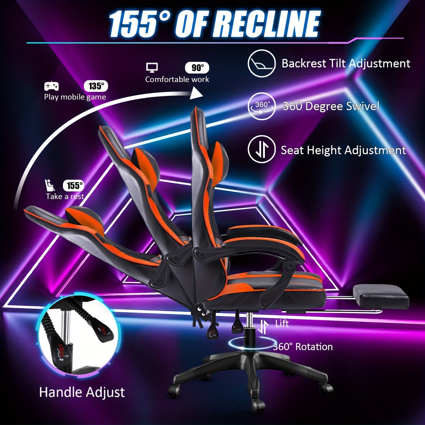 1 Piece Ergonomic Gaming Chair With Footrest