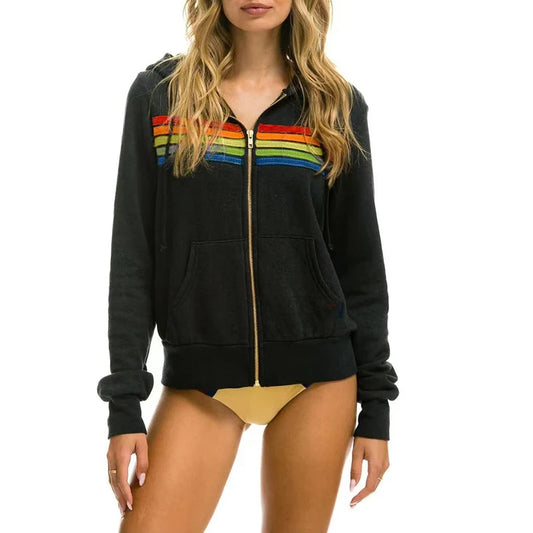 Five Stripe Rainbow Long Sleeve Hooded Sweatershirt