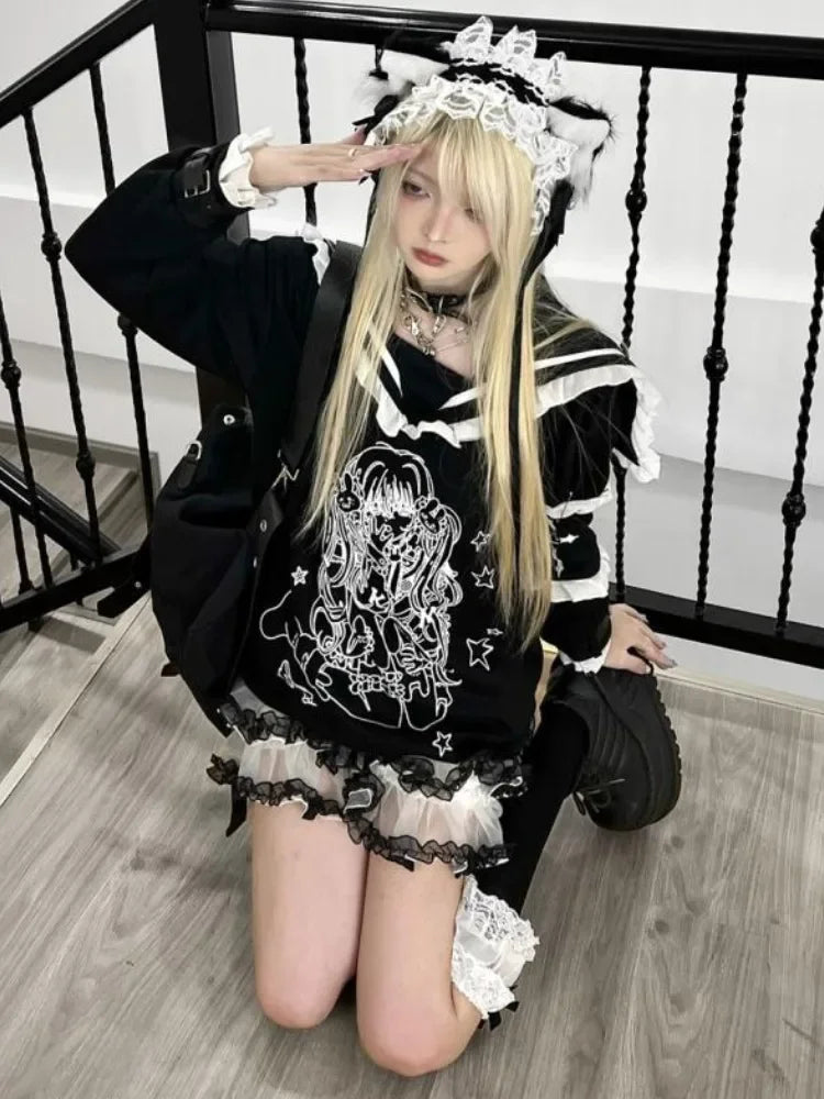 Women's Gothic Black Sweatshirt, Casual Grunge Anime