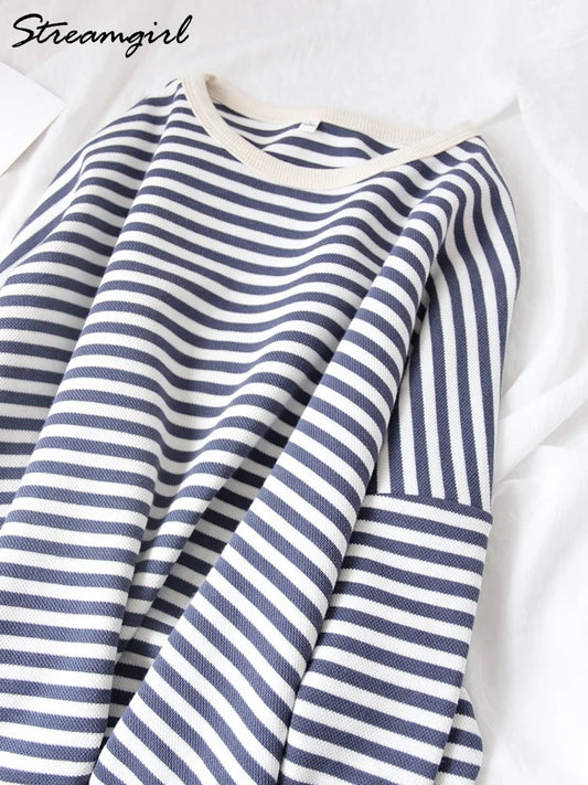 Women's Black / White Striped Oversized Sweatshirts, Pullover